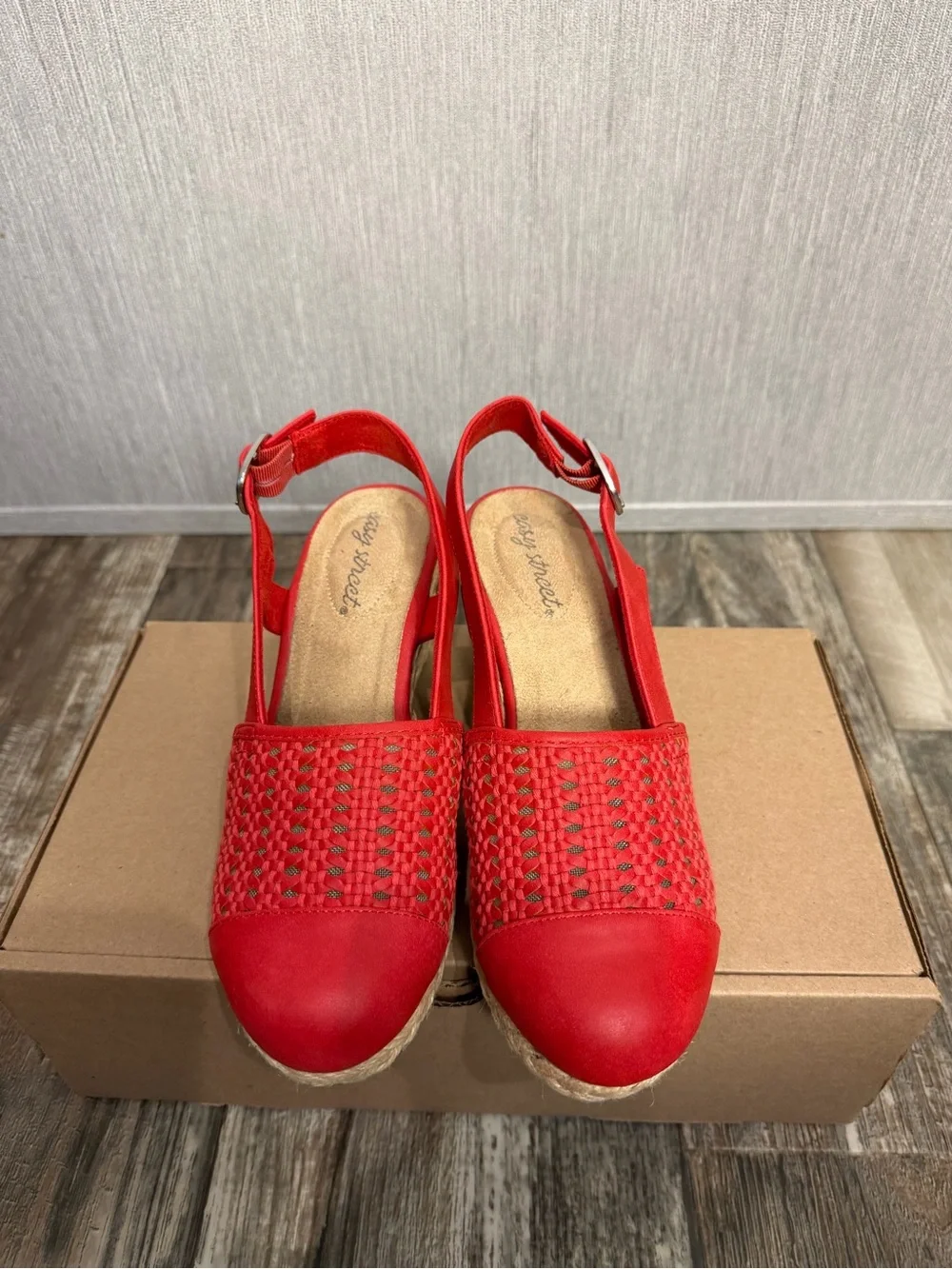 easy street Red Woven Espadrille Slingback Wedge Size 7